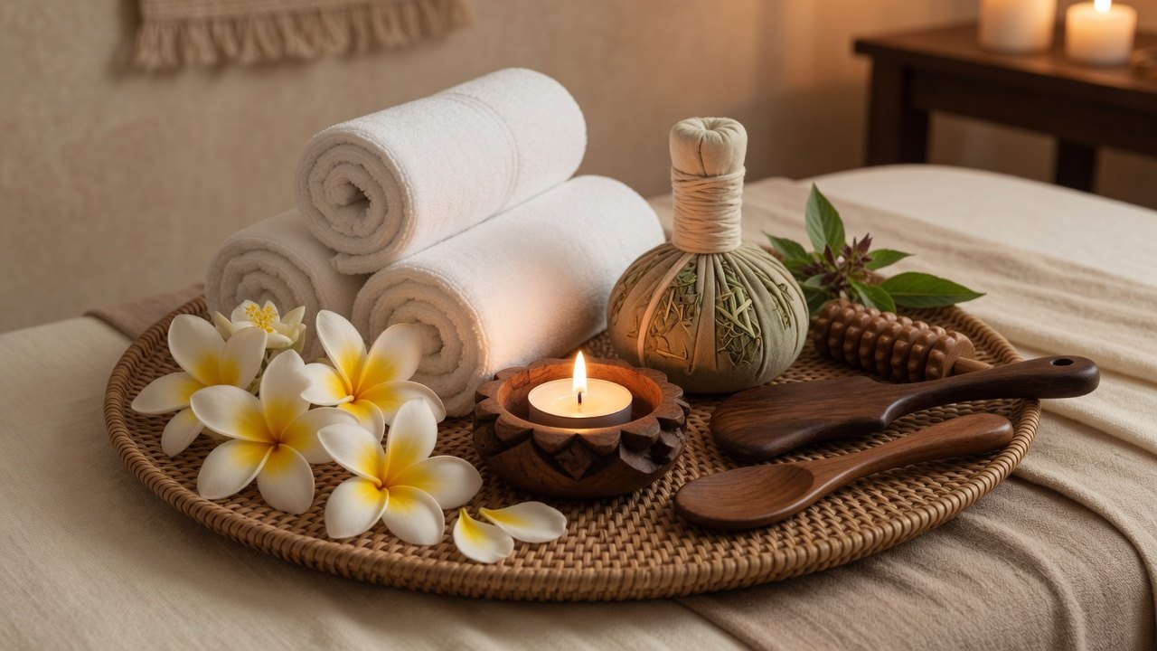 Treatment tray with towels, candle, and herbal compress